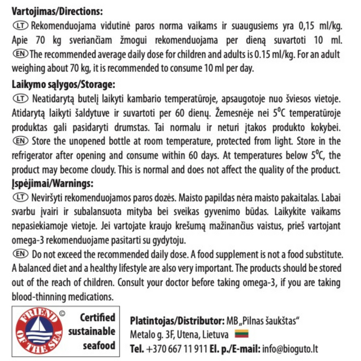 Bioguto Omega-3 Premium (ArcticMed) žuvų taukai NATURAL 300ml