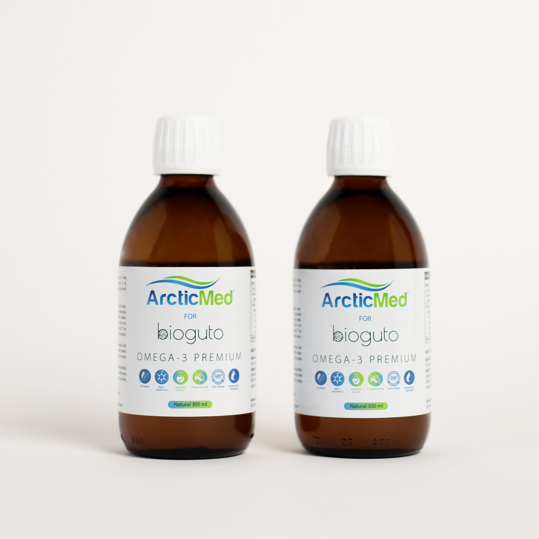 Bioguto Omega-3 Premium (ArcticMed) žuvų taukai NATURAL 300ml (2-jų buteliukų rinkinys)