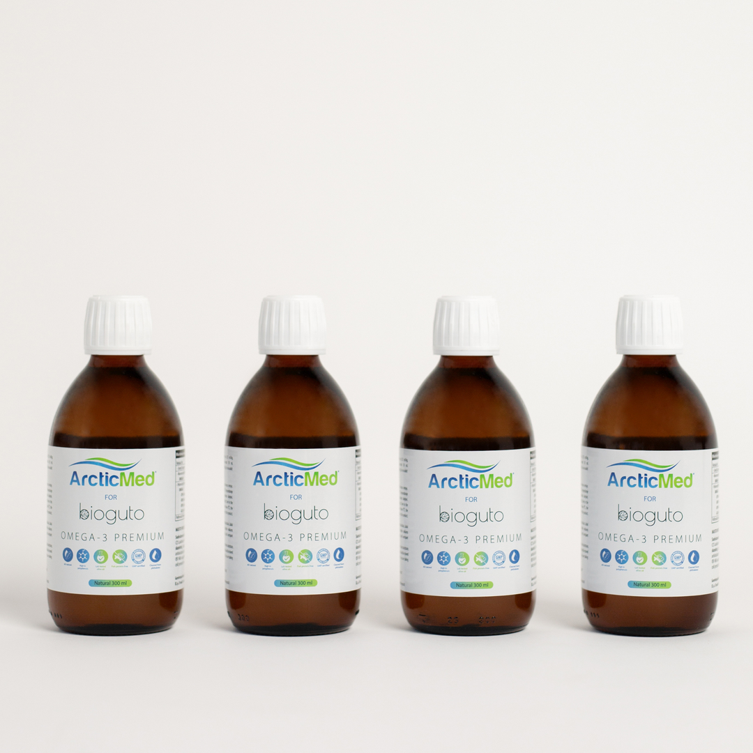 Bioguto Omega-3 Premium (ArcticMed) žuvų taukai NATURAL 300ml (4-rių buteliukų rinkinys)