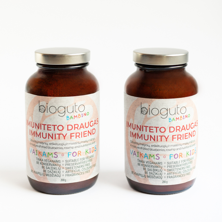Imuniteto draugas (Džiovintų mėlynių, erškėtuogių ir maistinių mielių mišinys) 200g (dviejų buteliukų rinkinys)