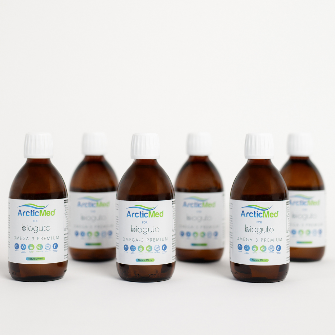 Bioguto Omega-3 Premium (ArcticMed) žuvų taukai NATURAL 300ml (6-ių buteliukų rinkinys)