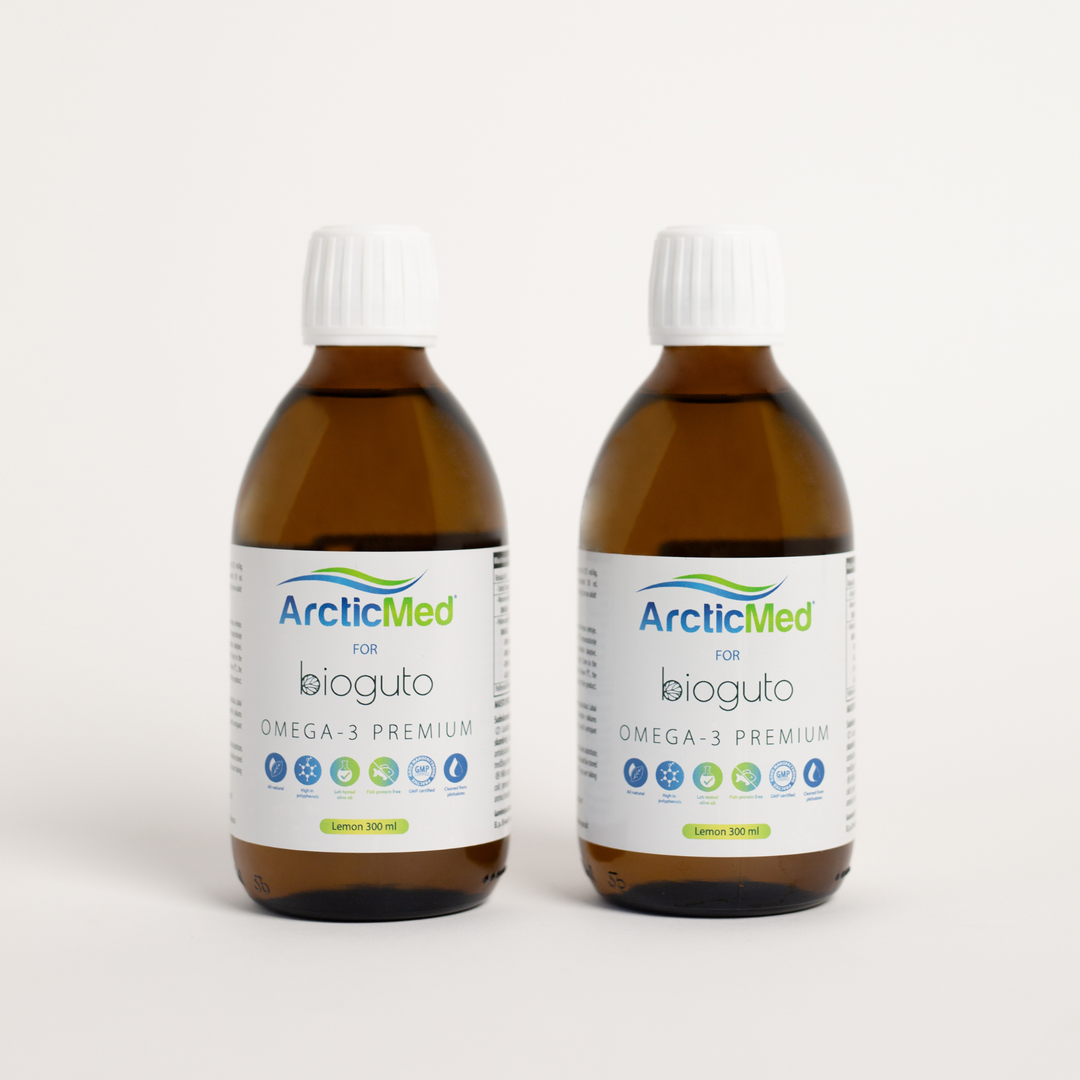 Bioguto Omega-3 Premium (ArcticMed) žuvų taukai LEMON 300ml (2-jų buteliukų rinkinys)