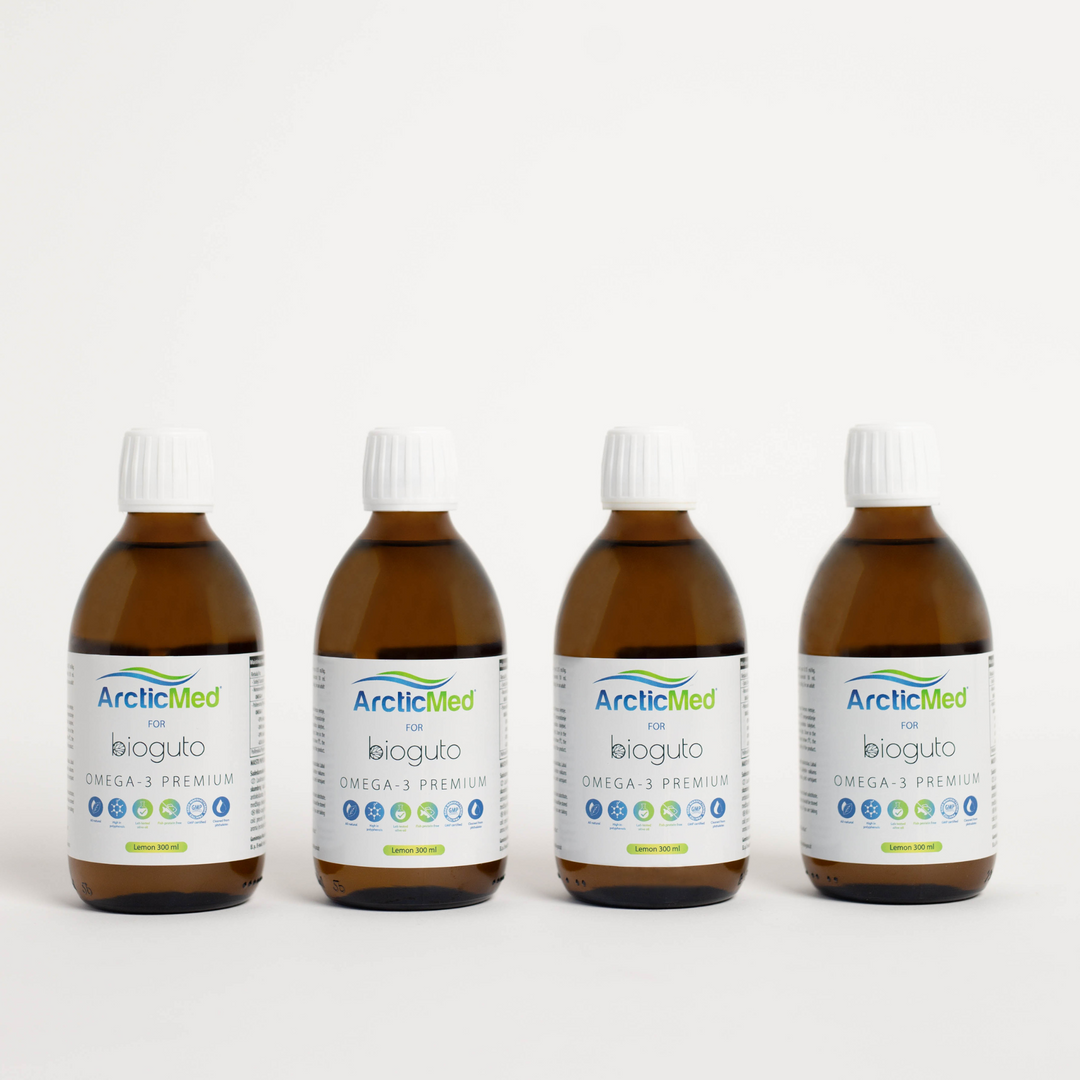 Bioguto Omega-3 Premium (ArcticMed) žuvų taukai LEMON 300ml (4-ių buteliukų rinkinys)