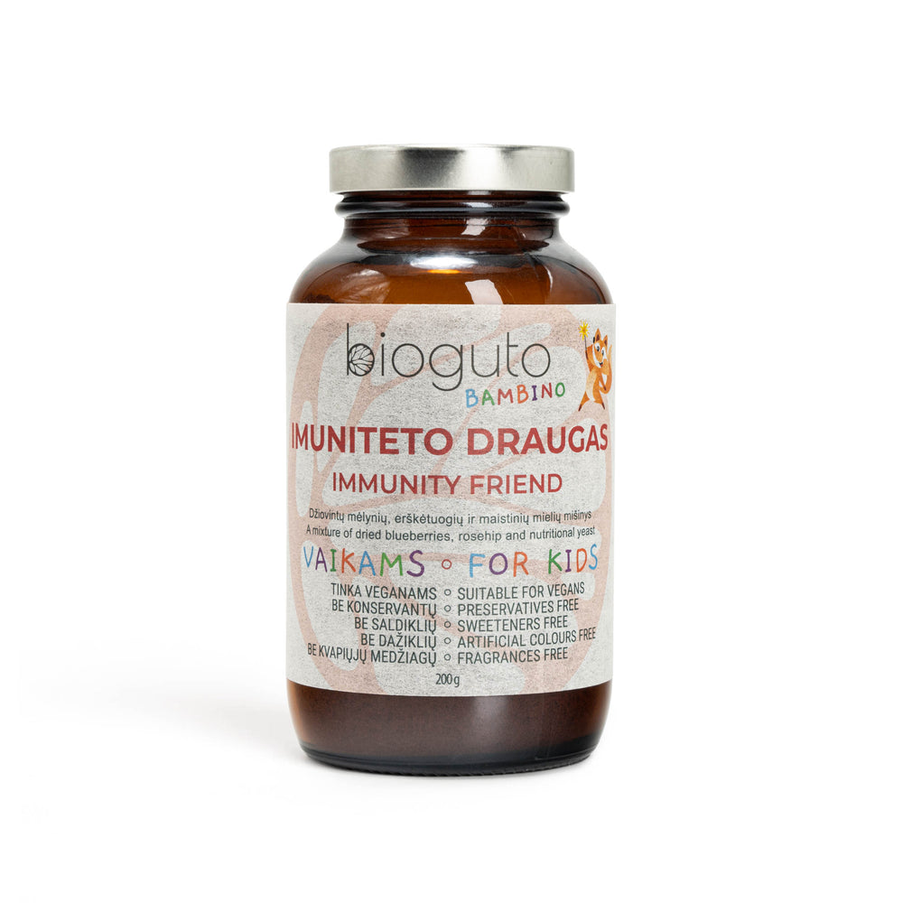 Bioguto IMUNITETO DRAUGAS – mėlynių, erškėtuogių ir neaktyvių maistinių mielių mišinys, 200 g