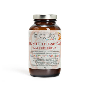 Bioguto IMUNITETO DRAUGAS – mėlynių, erškėtuogių ir neaktyvių maistinių mielių mišinys, 200 g
